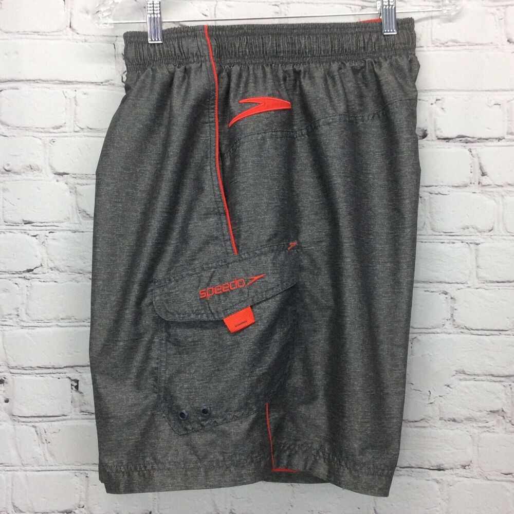 Speedo Men’s Swim Shorts Trunks Size L Mesh Lined Gray & Red Pockets Drawstring